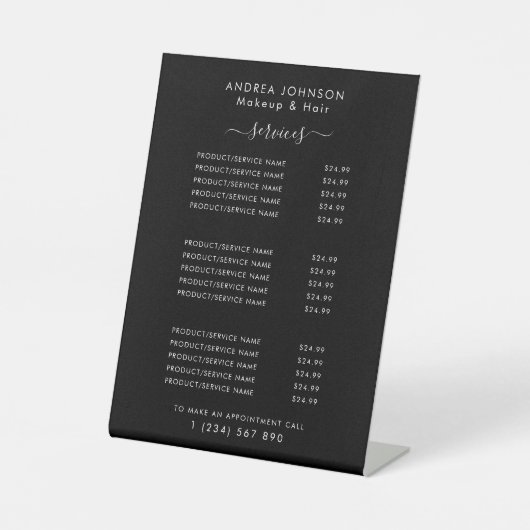 Zwarte Beauty Business Services Menu Prijslijst Reclamebord Met Voetstuk (Voorkant)