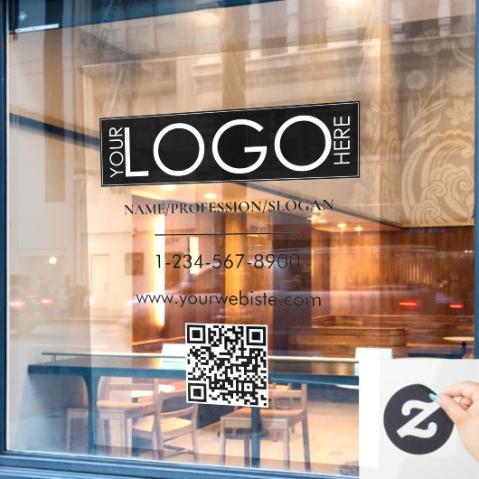 Zwarte bedrijfslogo winkelpui QR-code contactgegev Raamsticker (Cafe Raam)