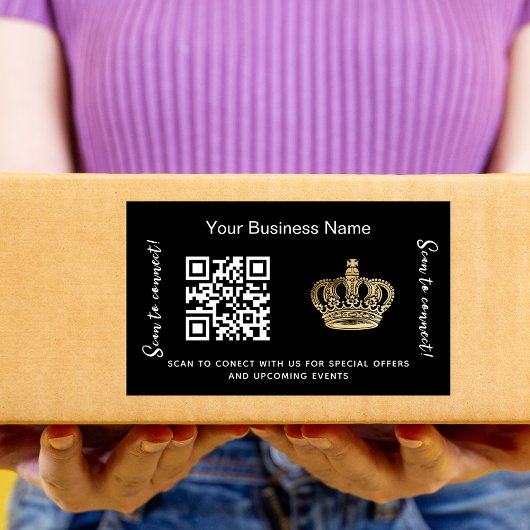 Zwarte bedrijfsnaam gouden kroon qr code rechthoekige sticker