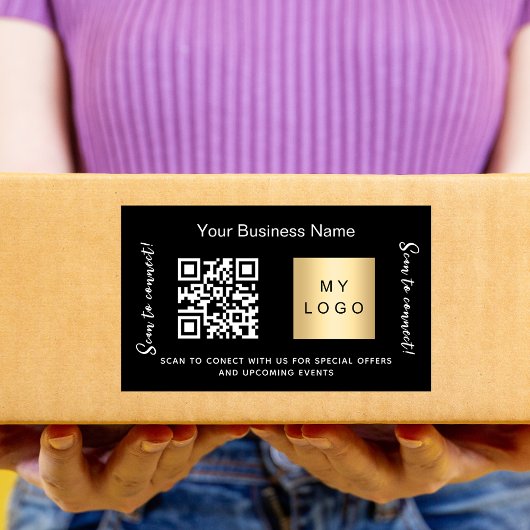 Zwarte bedrijfsnaam gouden logo qr code rechthoekige sticker
