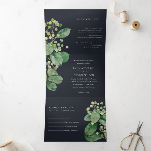 ZWARTE BEELDFOLIAGE GREENERY WATERVERF WEDDING DRIELUIK UITNODIGING (Binnen)