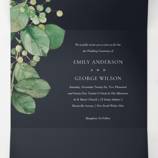 ZWARTE BEELDFOLIAGE GREENERY WATERVERF WEDDING DRIELUIK UITNODIGING (Binnenkant midden)