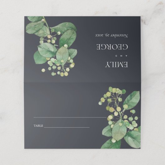 ZWARTE BEELDFOLIAGE WATERVERF GROENERY FLORAL PLAATSKAARTJE (Buitenkant ongevouwen)
