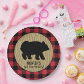 Zwarte Beer Buffalo Plaid Houthakkersbord Papieren Bordje (Feest)
