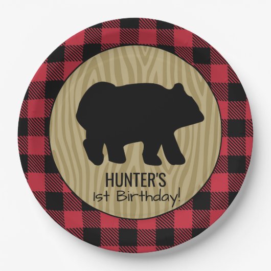Zwarte Beer Buffalo Plaid Houthakkersbord Papieren Bordje (Voorkant)