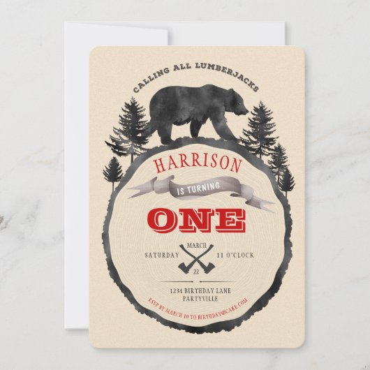 Zwarte Beer en Lumberjack verjaardagsuitnodiging Kaart (Voorkant)