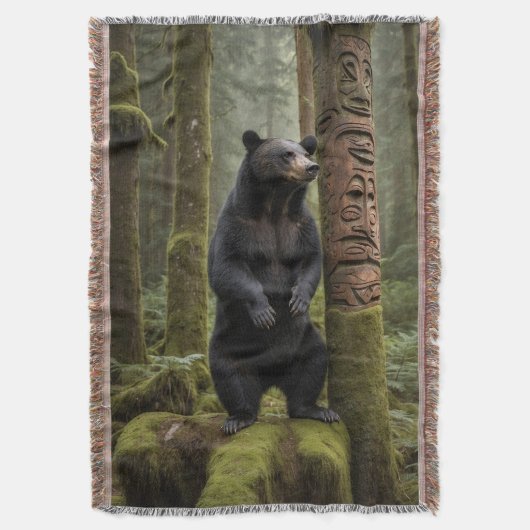 Zwarte Beer en Totem Pole Wildlife Art Deken (Voorkant Verticaal)