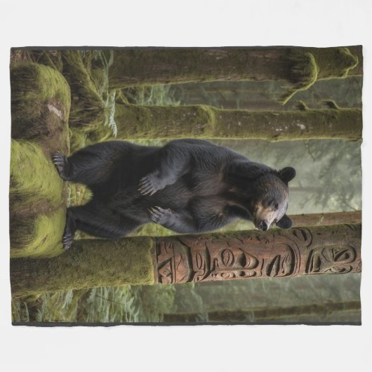 Zwarte Beer en Totem Pole Wildlife Art Fleece Deken (Voorkant (Horizontaal))