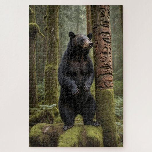 Zwarte Beer en Totem Pole Wildlife Art Legpuzzel (Verticaal)