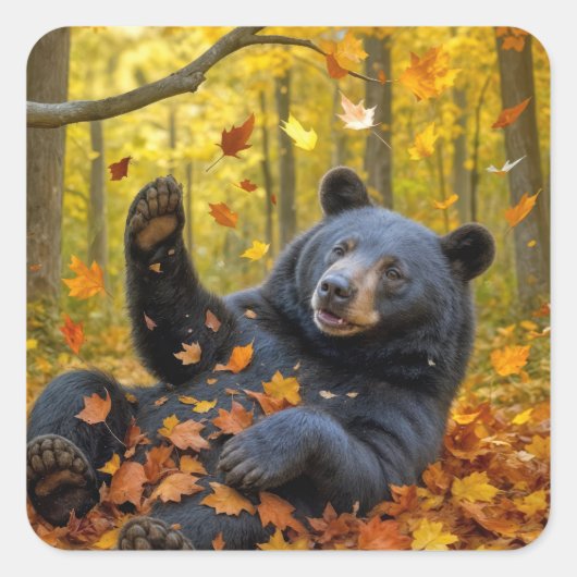 Zwarte Beer In Herfstbladeren Vierkante Sticker (Voorkant)