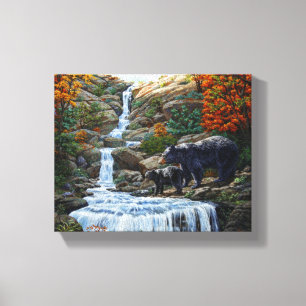 Zwarte Beer moeder en waterval Canvas Afdruk
