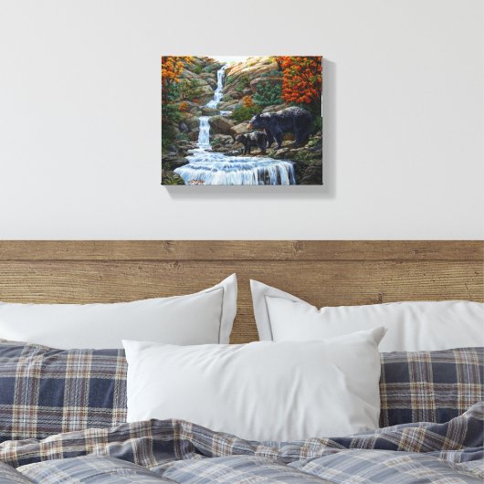 Zwarte Beer moeder en waterval Canvas Afdruk (Insitu (Slaapkamer))