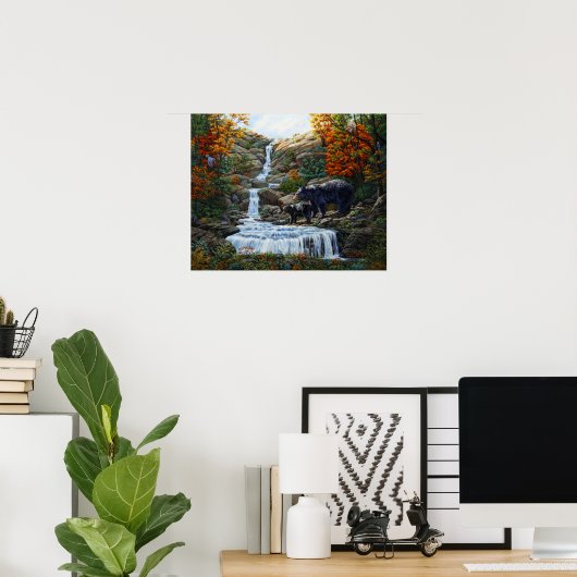 Zwarte Beer moeder en waterval Poster (Thuiskantoor)