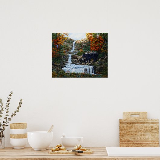 Zwarte Beer moeder en waterval Poster (Keuken)