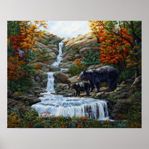 Zwarte Beer moeder en waterval Poster