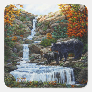 Zwarte Beer moeder en waterval Vierkante Sticker
