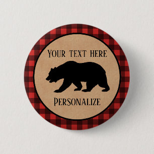 Zwarte Beer Op Een Rood En Zwart Geruit Gepersonal Ronde Button 5,7 Cm