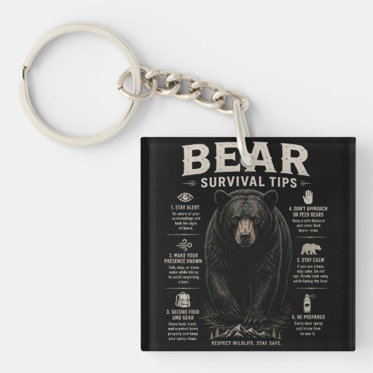 Zwarte Beer Overlevingstips Vintage Buiten Sleutelhanger (voorkant)