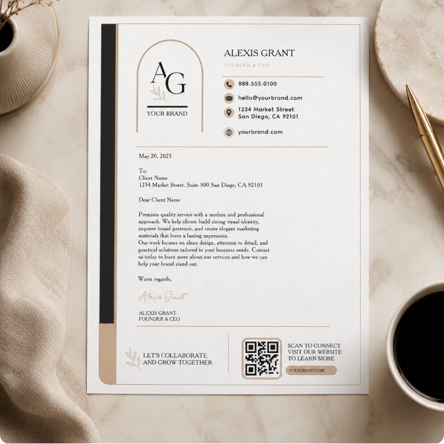 Zwarte Beige Luxe QR Code Afspraakherinnering Briefhoofd (Black Beige Luxury QR Code Appointment Reminder Letterhead)