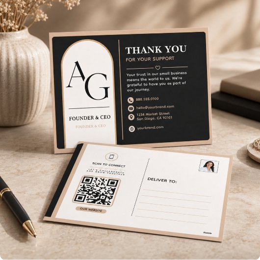 Zwarte Beige Luxe QR Code Afspraakherinnering Feestdagenkaart