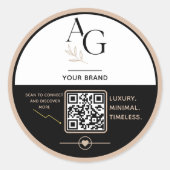 Zwarte Beige Luxe QR Code Afspraakherinnering Ronde Sticker (Voorkant)