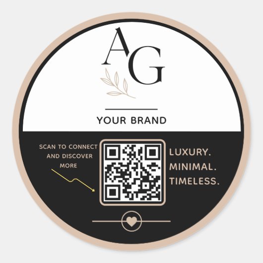 Zwarte Beige Luxe QR Code Afspraakherinnering Ronde Sticker (Voorkant)