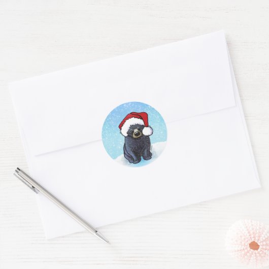 Zwarte berenwelp met Kerst Ronde Sticker (Envelop)