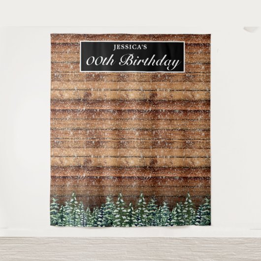 Zwarte besneeuwde bos bos verjaardagsfoto achtergr wandkleed (Voorkant)