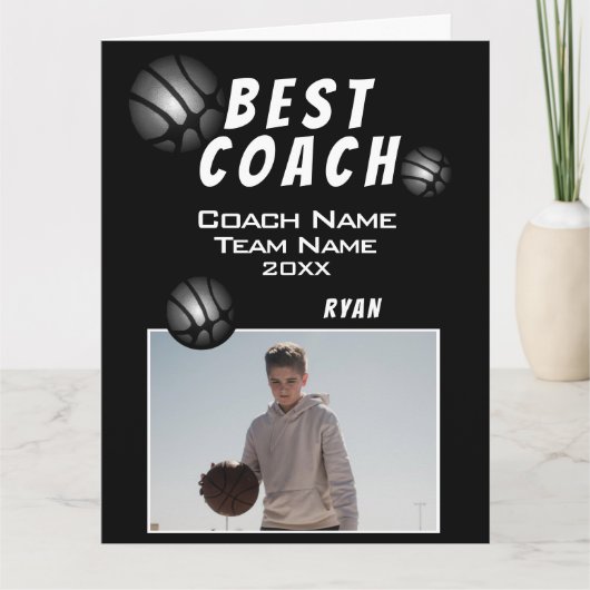 Zwarte Beste coach basketbal foto Bedankkaart (Voorkant)