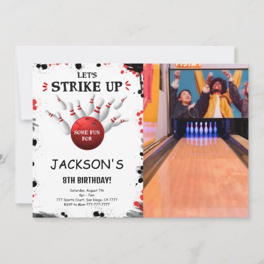 Zwarte Bewerkbare Bowling Foto Uitnodiging (Voorkant)
