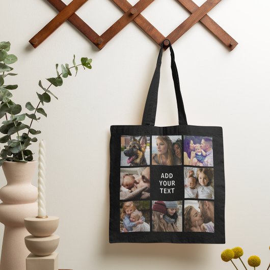 Zwarte bewerkbare fotocollage tote bag
