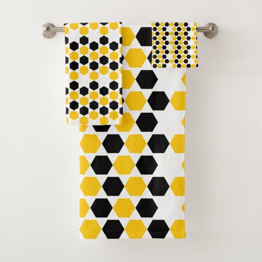 Zwarte Bij Gele Geometrische Hexagram Hex Patroon Bad Handdoek (Insitu)