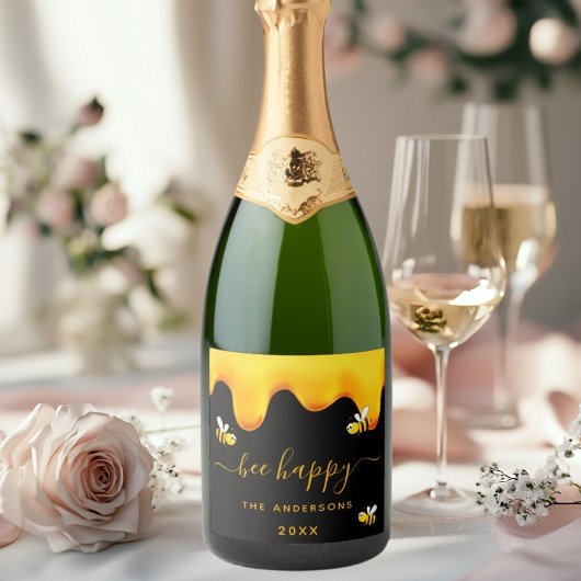 Zwarte bij gelukkig hommels zoete honing sparkling wijnetiket