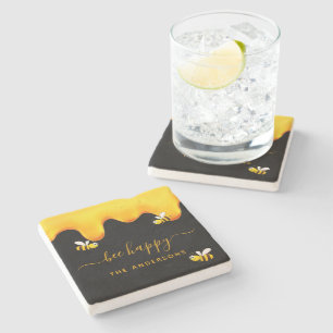 Zwarte bij gelukkige hommels zoete honing monogram stenen onderzetter