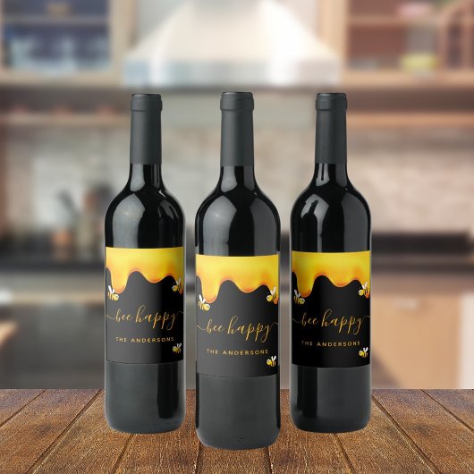 Zwarte bij gelukkige hommels zoete honing monogram wijn etiket