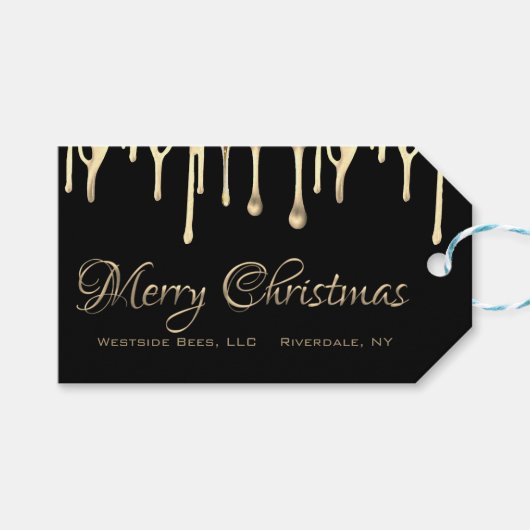 Zwarte bijenhoning met kerstmis-label gouddruppel cadeaulabel (Voorkant (Horizontaal))