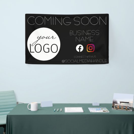 Zwarte Binnenkort verkrijgbaar zakelijke Logo Spandoek (Beurs)