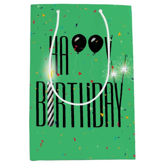 Zwarte Birthday-ballonnen en Sparkler Medium Cadeauzakje (Voorkant)