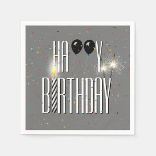 Zwarte Birthday-ballonnen en sparklers op grijs Servet