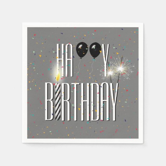 Zwarte Birthday-ballonnen en sparklers op grijs Servet (Voorkant)