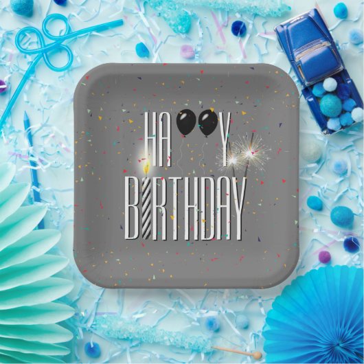 Zwarte Birthday-ballonnen en Sparklers Papieren Bordje (Feest)