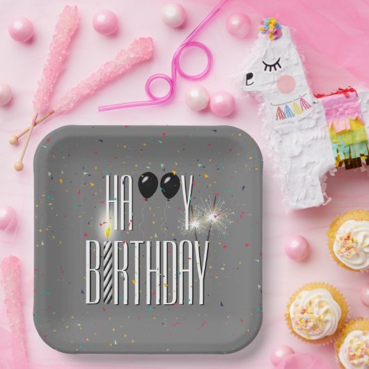 Zwarte Birthday-ballonnen en Sparklers Papieren Bordje (Feest)