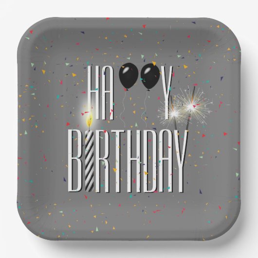 Zwarte Birthday-ballonnen en Sparklers Papieren Bordje (Voorkant)