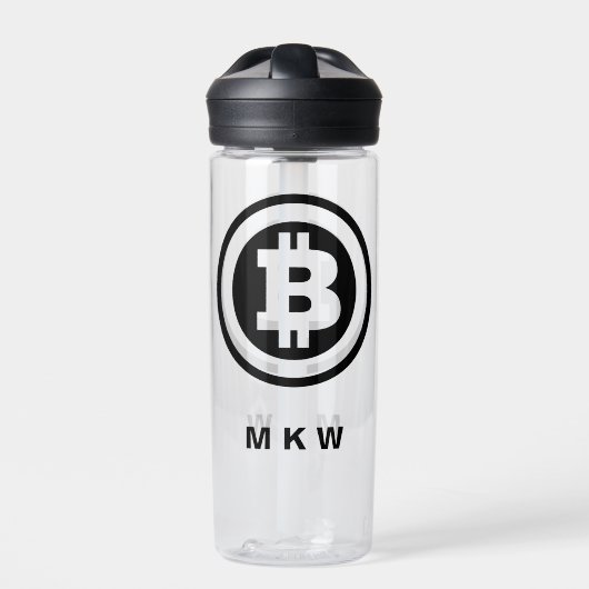Zwarte Bitcoin Logo-symbool Monogrammed Waterfles (Voorkant)
