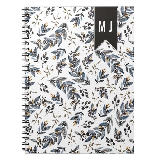 Zwarte Bladeren Bessen Patroon Monogram | Notitieboek (Voorkant)