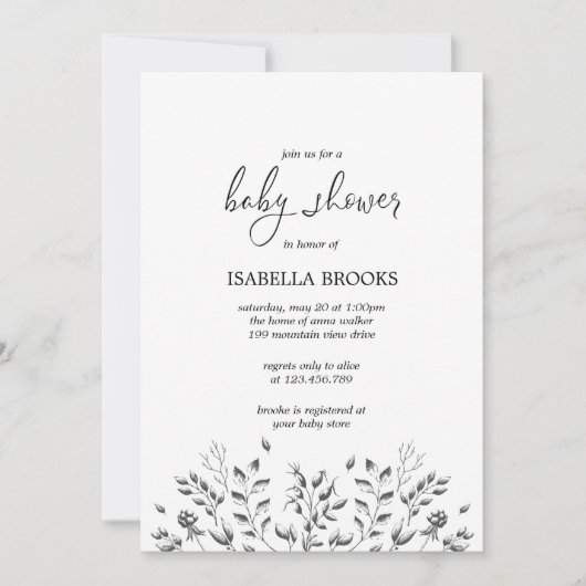 Zwarte  bladeren en bessen | BABY SHOWER Kaart (Voorkant)