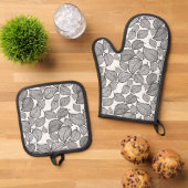 Zwarte Bladeren Wit Ovenwant & Pannenlap Set (Top down)