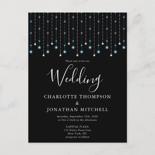 Zwarte Blau Zilveren Sterren Lichtslingers Bruilof Briefkaart (Voorkant)