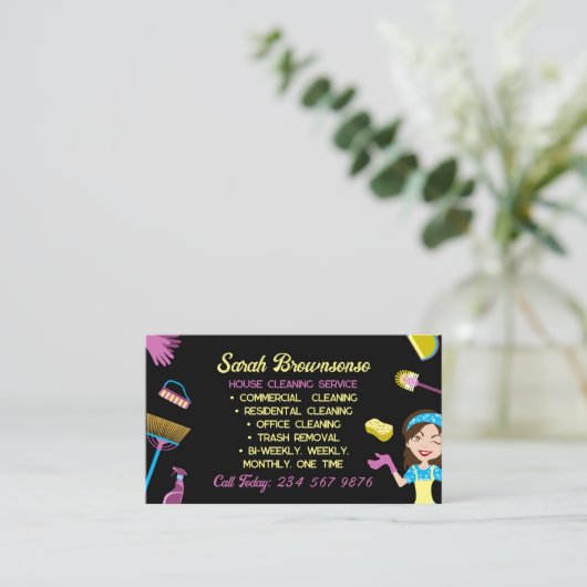 Zwarte Blauw Roze Woonster Janitorial Visitekaartje (Staand voorkant)