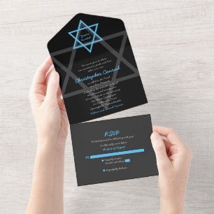 Zwarte Blauwe Bar Mitzvah RSVP Alles in Eén Uitnod All In One Uitnodiging